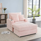 Fauteuil simple en velours côtelé rose avec pouf et porte-gobelet