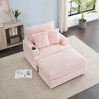 Fauteuil simple en velours côtelé rose avec pouf et porte-gobelet