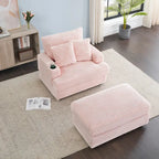 Fauteuil simple en velours côtelé rose avec pouf et porte-gobelet