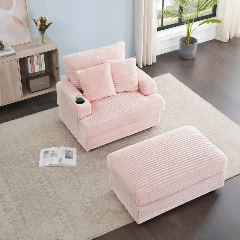 Fauteuil simple en velours côtelé rose avec pouf et porte-gobelet