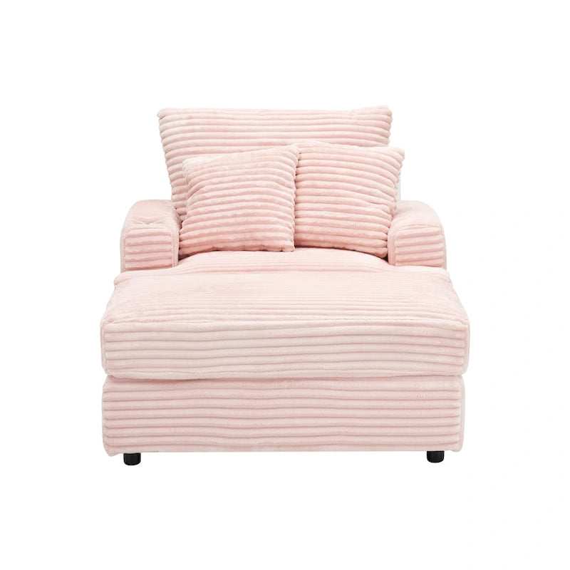 Fauteuil simple en velours côtelé rose avec pouf et porte-gobelet