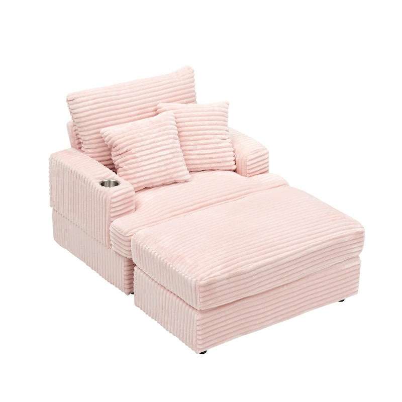Fauteuil simple en velours côtelé rose avec pouf et porte-gobelet