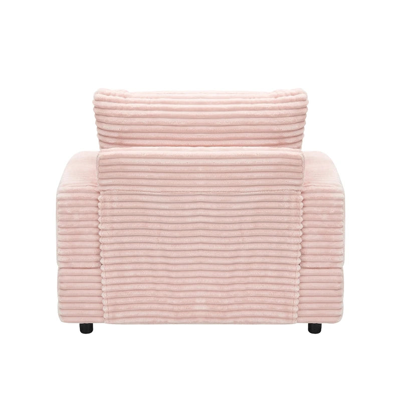 Fauteuil simple en velours côtelé rose avec pouf et porte-gobelet