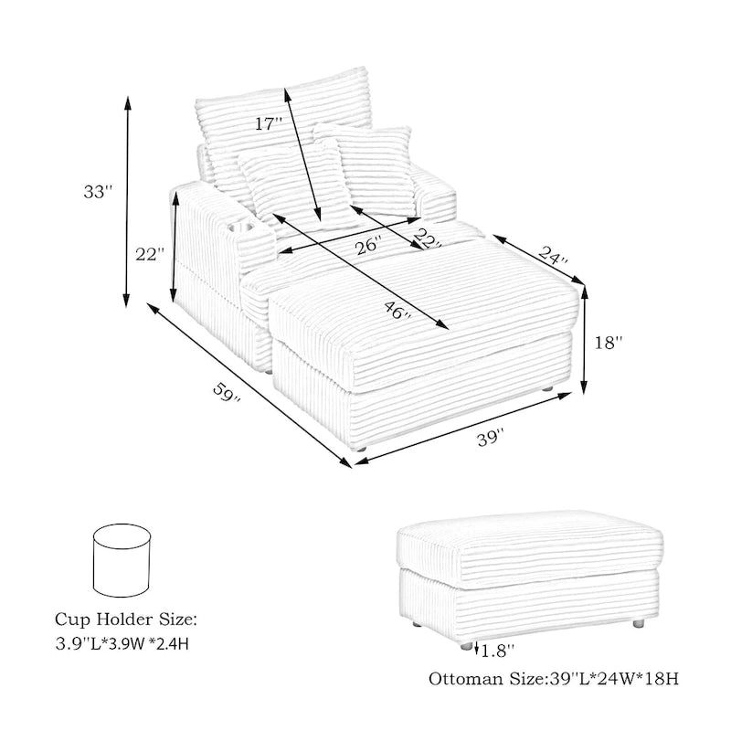 Fauteuil simple en velours côtelé rose avec pouf et porte-gobelet