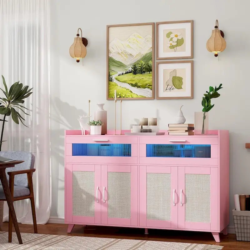 Buffet / Commode Rose / Naturel / Blanc avec Lumière LED et Prises de Courant, Meuble de Rangement de 120 cm