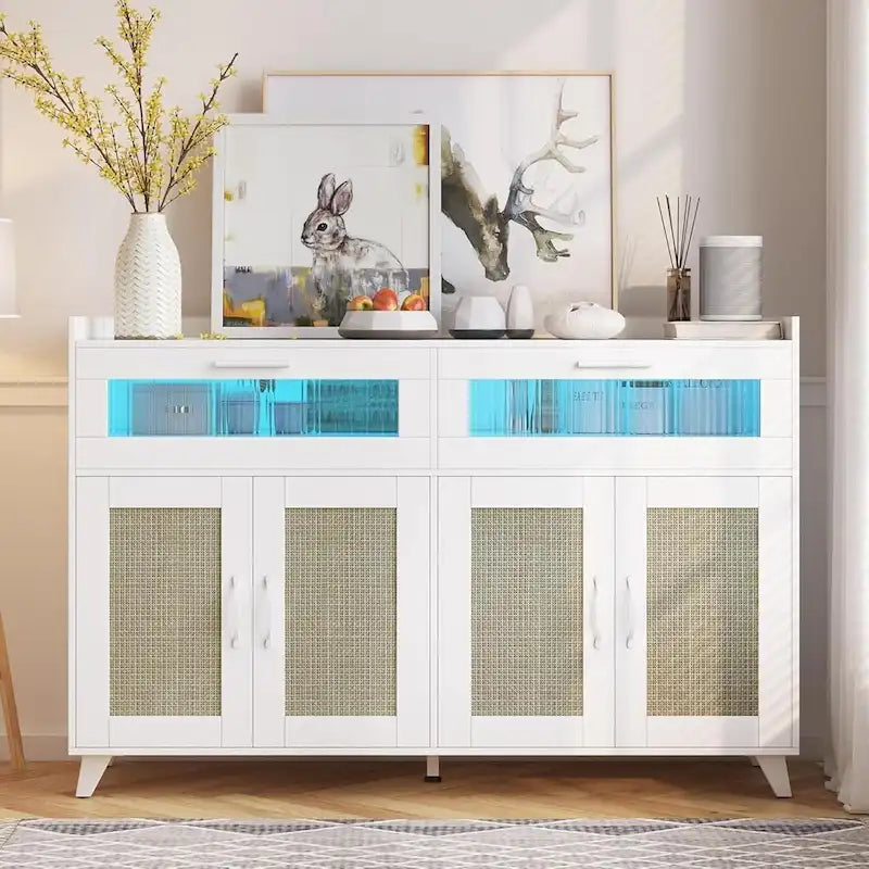 Buffet / Commode Rose / Naturel / Blanc avec Lumière LED et Prises de Courant, Meuble de Rangement de 120 cm