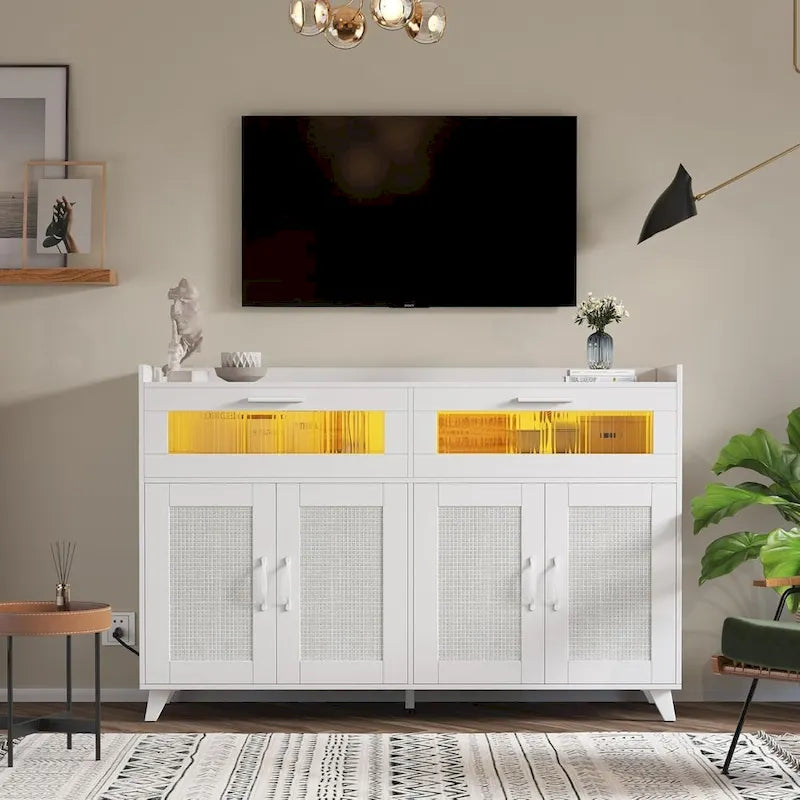 Buffet / Commode Rose / Naturel / Blanc avec Lumière LED et Prises de Courant, Meuble de Rangement de 120 cm