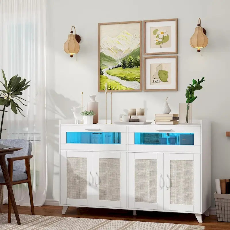 Buffet / Commode Rose / Naturel / Blanc avec Lumière LED et Prises de Courant, Meuble de Rangement de 120 cm