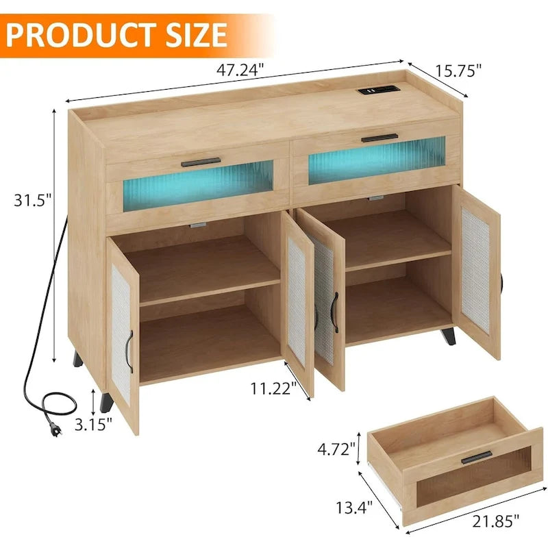 Buffet / Commode Rose / Naturel / Blanc avec Lumière LED et Prises de Courant, Meuble de Rangement de 120 cm