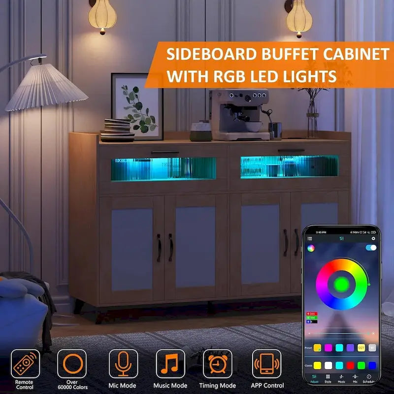 Buffet / Commode Rose / Naturel / Blanc avec Lumière LED et Prises de Courant, Meuble de Rangement de 120 cm