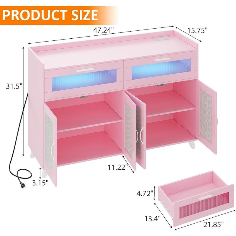 Buffet / Commode Rose / Naturel / Blanc avec Lumière LED et Prises de Courant, Meuble de Rangement de 120 cm