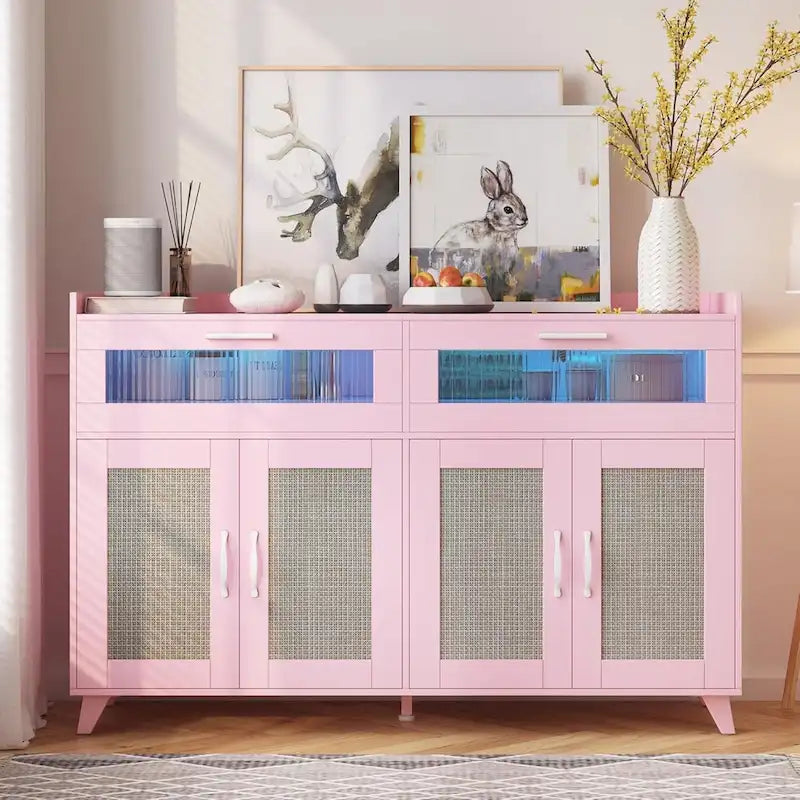 Buffet / Commode Rose / Naturel / Blanc avec Lumière LED et Prises de Courant, Meuble de Rangement de 120 cm