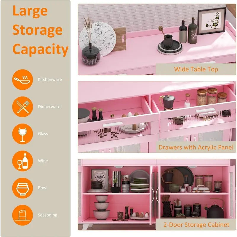Buffet / Commode Rose / Naturel / Blanc avec Lumière LED et Prises de Courant, Meuble de Rangement de 120 cm