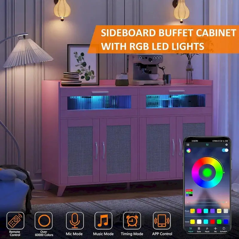 Buffet / Commode Rose / Naturel / Blanc avec Lumière LED et Prises de Courant, Meuble de Rangement de 120 cm