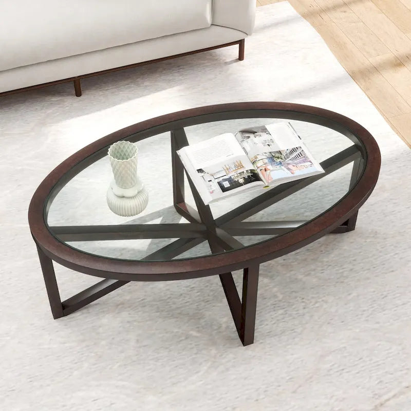 Table ovale en verre transparent et bois naturel – Table d'appoint / Table basse