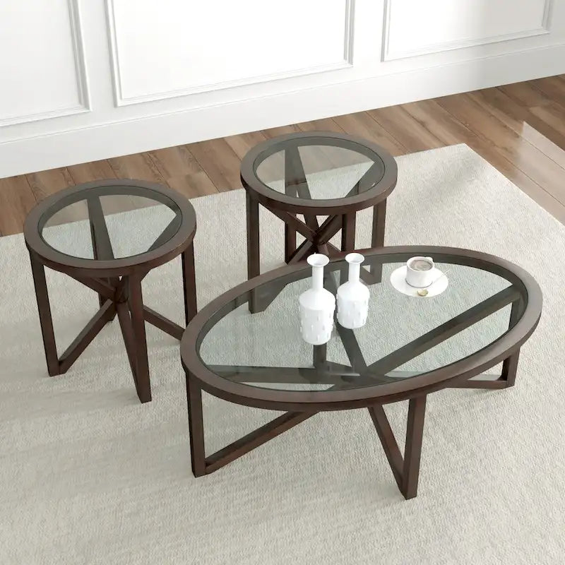 Table ovale en verre transparent et bois naturel – Table d'appoint / Table basse