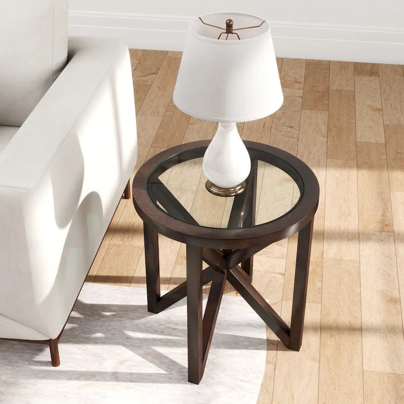 Table ovale en verre transparent et bois naturel – Table d'appoint / Table basse