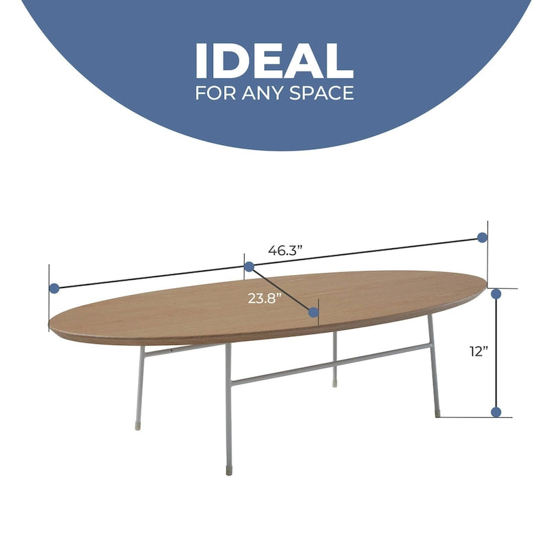 Table basse ovale – Bois naturel / Noir / Noyer / Blanc | Milieu du siècle moderne | Base en acier