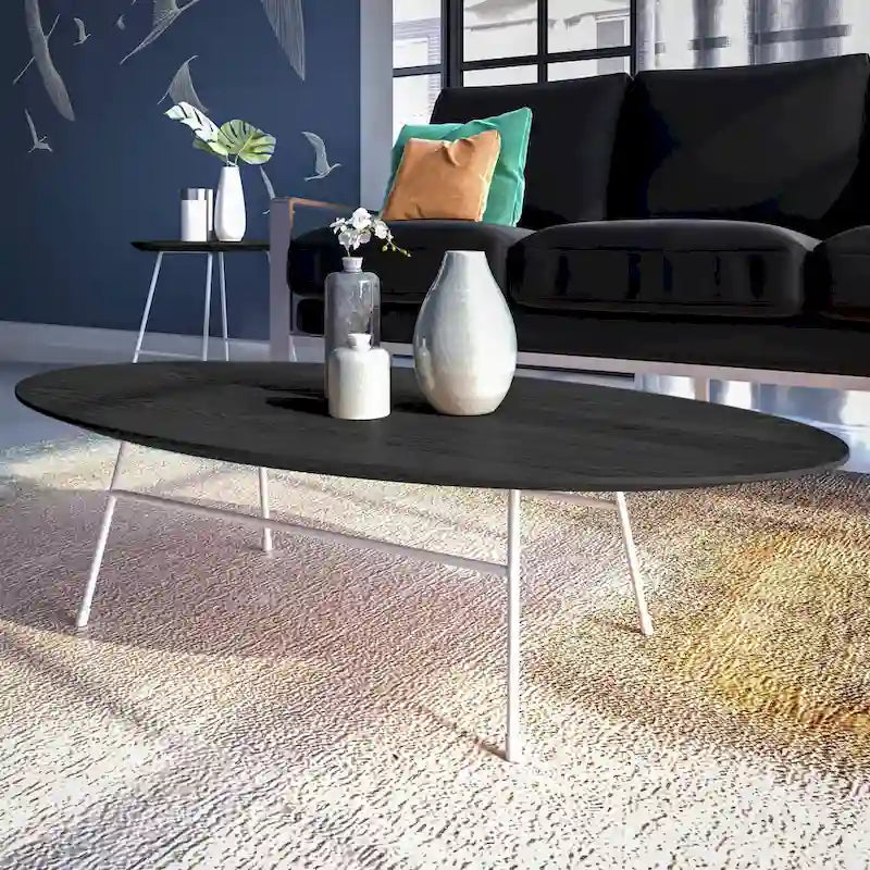 Table basse ovale – Bois naturel / Noir / Noyer / Blanc | Milieu du siècle moderne | Base en acier
