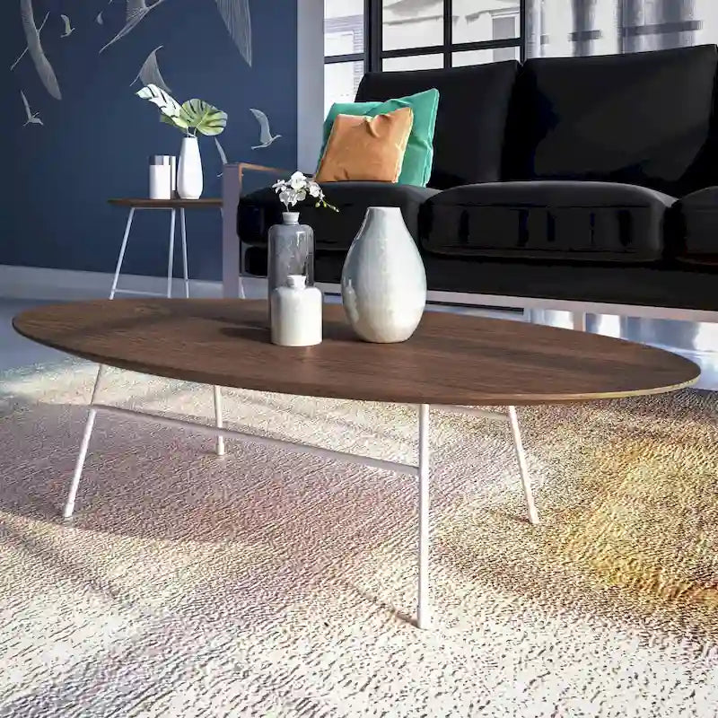 Table basse ovale – Bois naturel / Noir / Noyer / Blanc | Milieu du siècle moderne | Base en acier