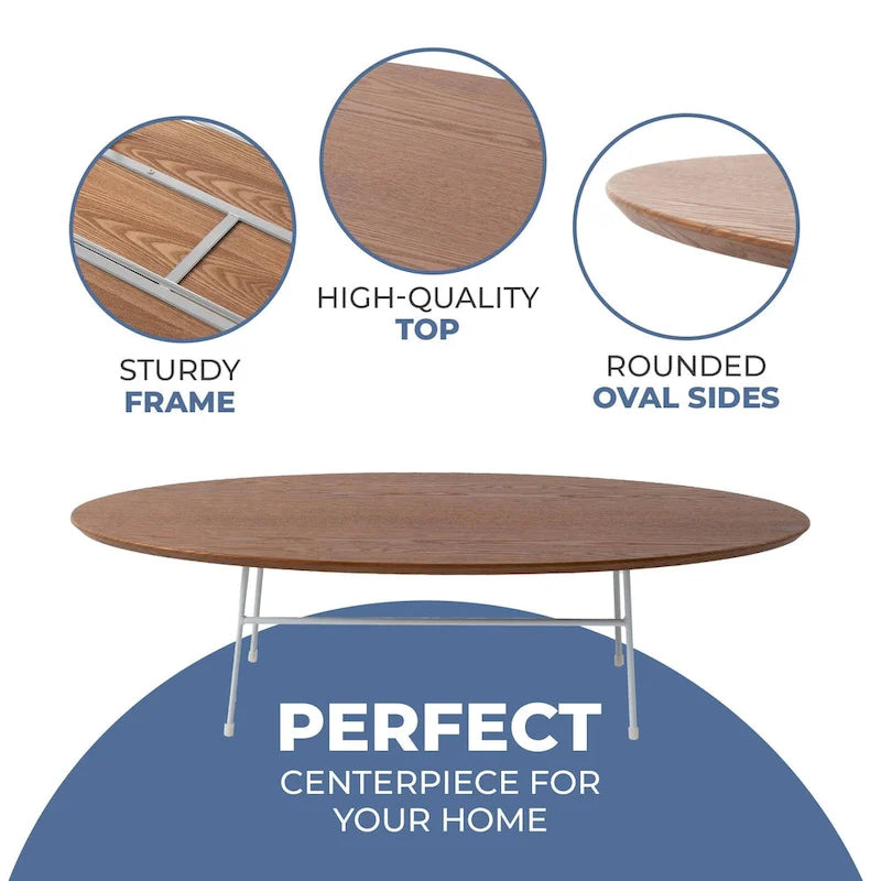 Table basse ovale – Bois naturel / Noir / Noyer / Blanc | Milieu du siècle moderne | Base en acier