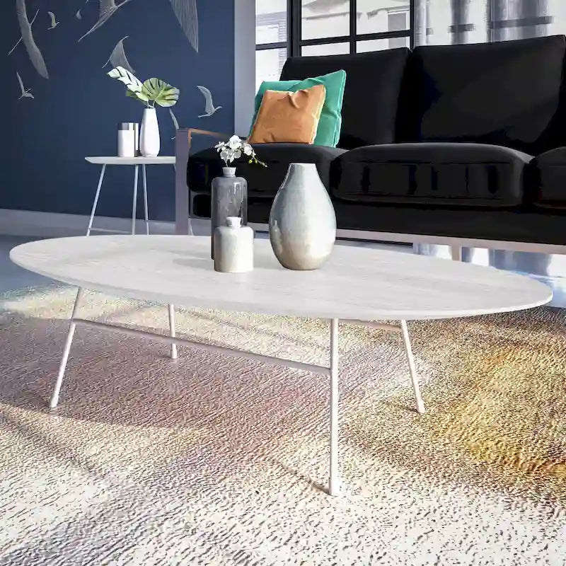 Table basse ovale – Bois naturel / Noir / Noyer / Blanc | Milieu du siècle moderne | Base en acier