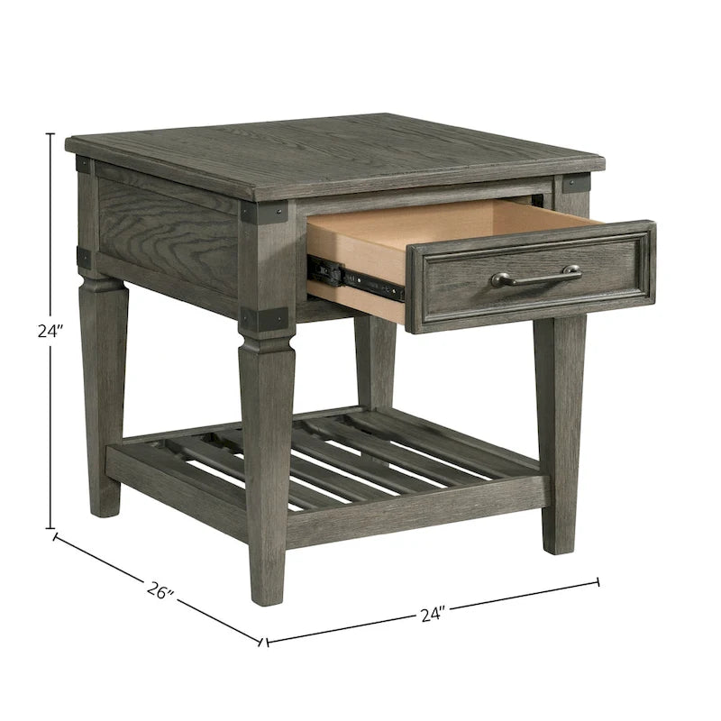 Table d'appoint industrielle bicolore en étain brossé avec tiroir et étagère