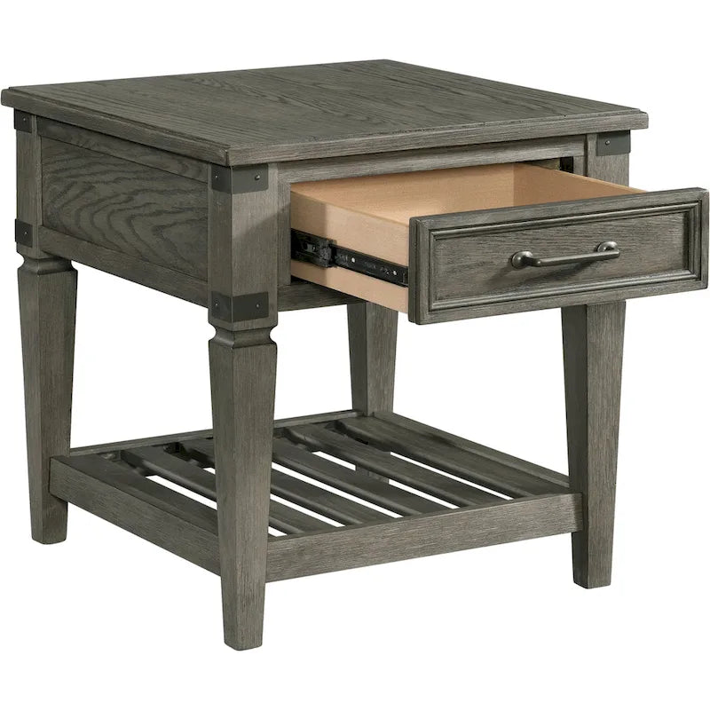 Table d'appoint industrielle bicolore en étain brossé avec tiroir et étagère