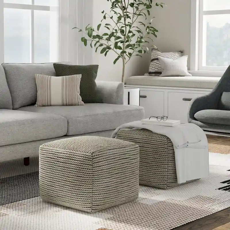 Pouf carré tissé crème, intérieur/extérieur, 1 place