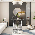 Console moderne Table de canapé de 140 cm avec plateau haute brillance et base en métal miroir pour entrée et salon