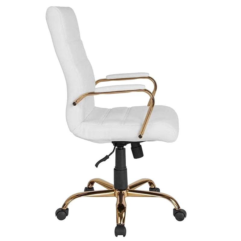 Chaise de bureau pivotante à dossier haut, en similicuir, blanc et doré, 1 personne