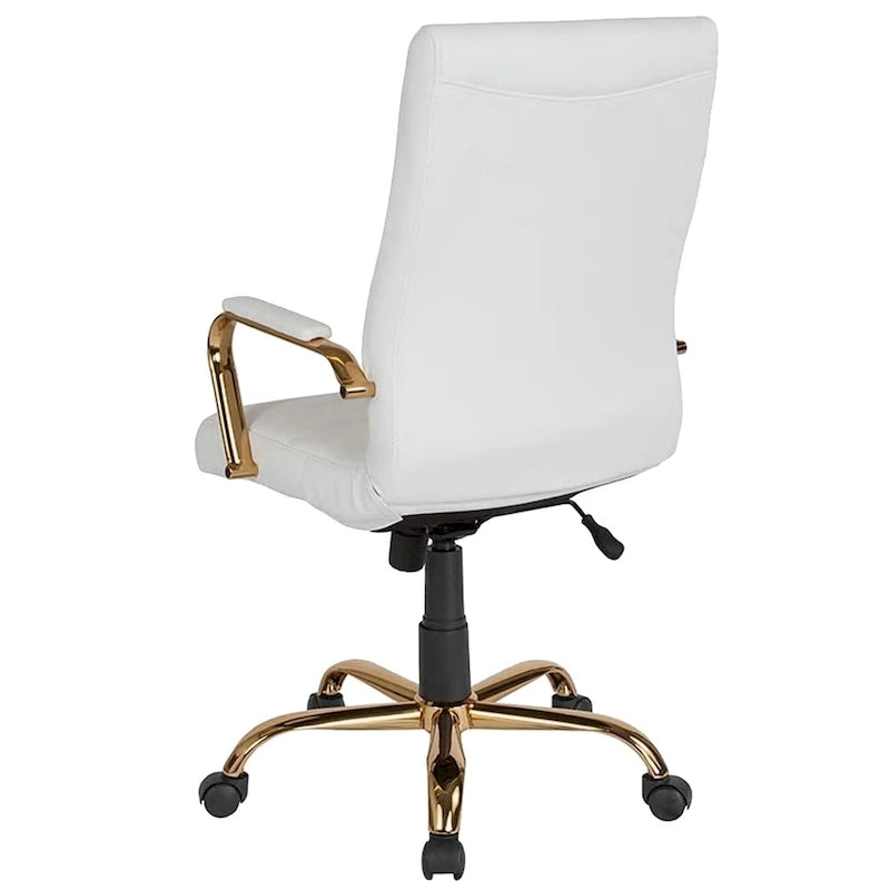 Chaise de bureau pivotante à dossier haut, en similicuir, blanc et doré, 1 personne