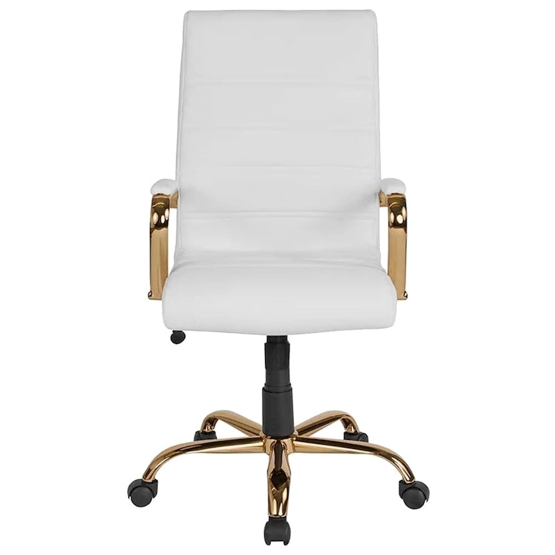 Chaise de bureau pivotante à dossier haut, en similicuir, blanc et doré, 1 personne