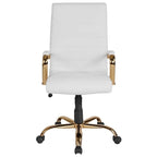 Chaise de bureau pivotante à dossier haut, en similicuir, blanc et doré, 1 personne