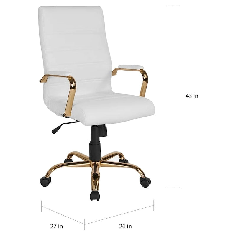 Chaise de bureau pivotante à dossier haut, en similicuir, blanc et doré, 1 personne