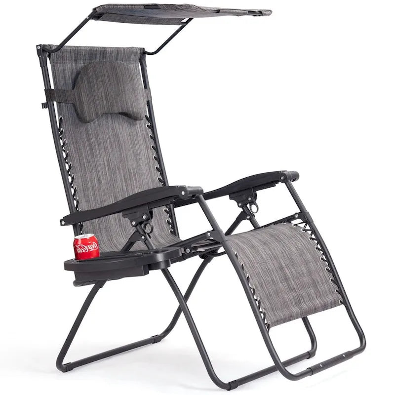 Folding Recliner Lounge Chair w/ Shade Canopy Cup Holder - Gray