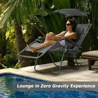 Chaise longue pliante inclinable avec auvent pare-soleil et porte-gobelet - Grise
