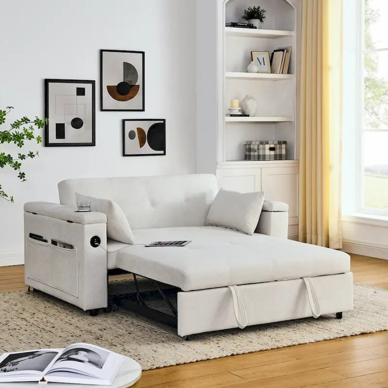 Canapé-lit convertible 2 places en velours beige / noir / gris avec accoudoir de rangement et port USB