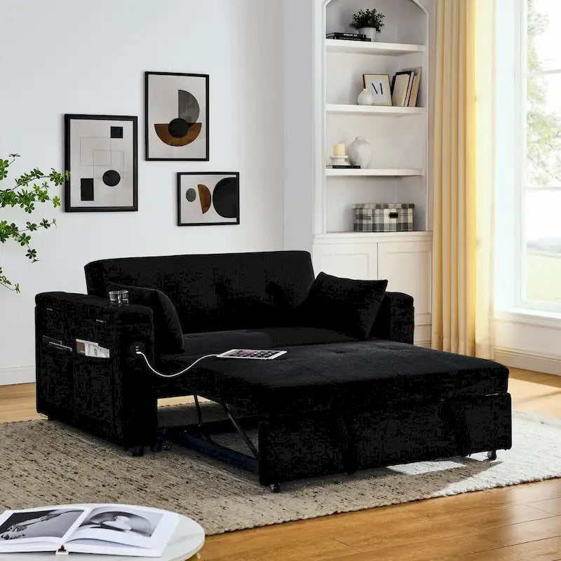 Canapé-lit convertible 2 places en velours beige / noir / gris avec accoudoir de rangement et port USB