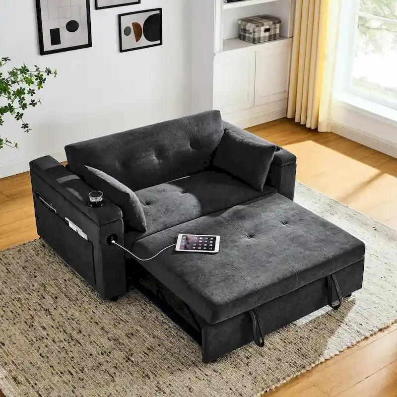 Canapé-lit convertible 2 places en velours beige / noir / gris avec accoudoir de rangement et port USB