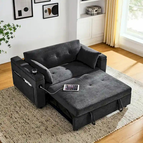 Canapé-lit convertible 2 places en velours beige / noir / gris avec accoudoir de rangement et port USB