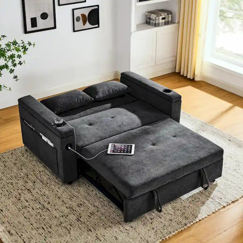 Canapé-lit convertible 2 places en velours beige / noir / gris avec accoudoir de rangement et port USB