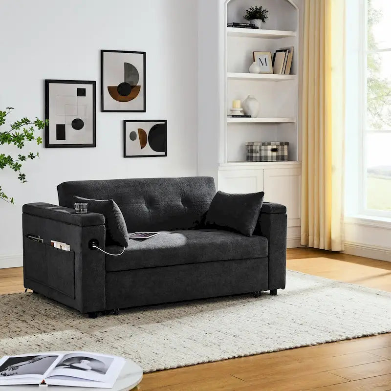 Canapé-lit convertible 2 places en velours beige / noir / gris avec accoudoir de rangement et port USB