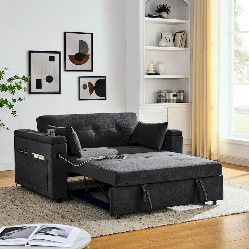 Canapé-lit convertible 2 places en velours beige / noir / gris avec accoudoir de rangement et port USB