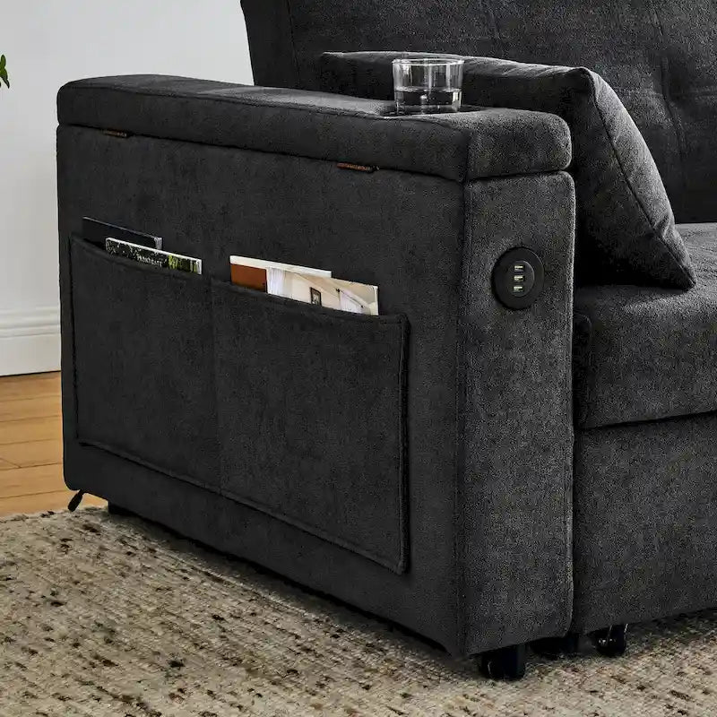 Canapé-lit convertible 2 places en velours beige / noir / gris avec accoudoir de rangement et port USB