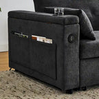 Canapé-lit convertible 2 places en velours beige / noir / gris avec accoudoir de rangement et port USB