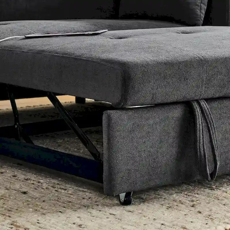 Canapé-lit convertible 2 places en velours beige / noir / gris avec accoudoir de rangement et port USB