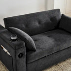 Canapé-lit convertible 2 places en velours beige / noir / gris avec accoudoir de rangement et port USB