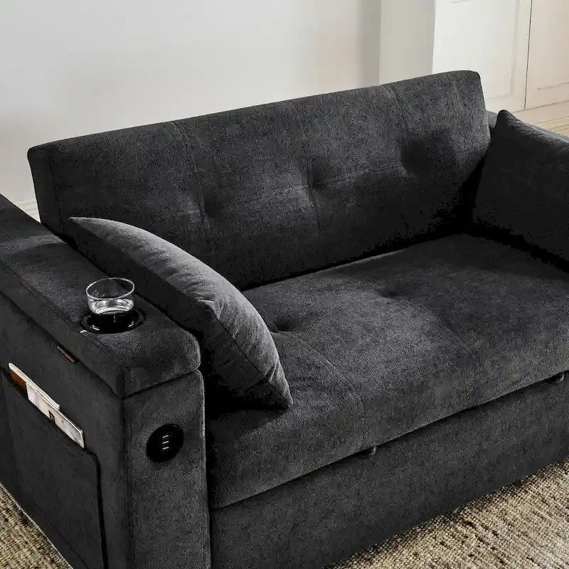 Canapé-lit convertible 2 places en velours beige / noir / gris avec accoudoir de rangement et port USB