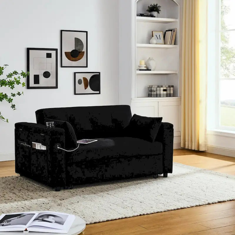 Canapé-lit convertible 2 places en velours beige / noir / gris avec accoudoir de rangement et port USB
